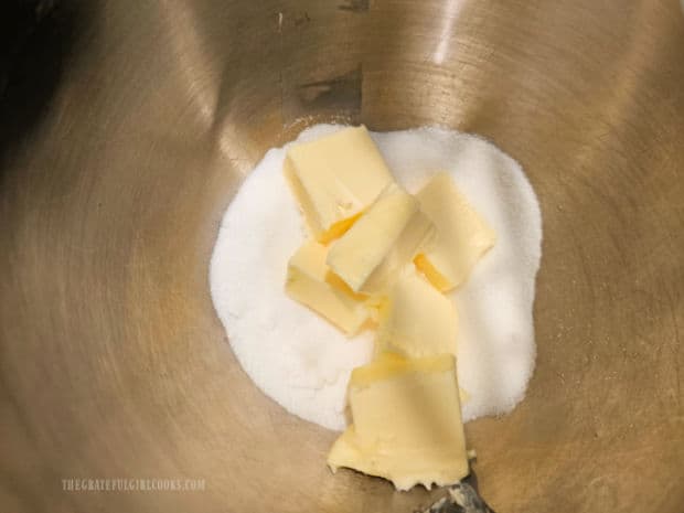 Soft butter and granulated sugar are beaten until creamy.