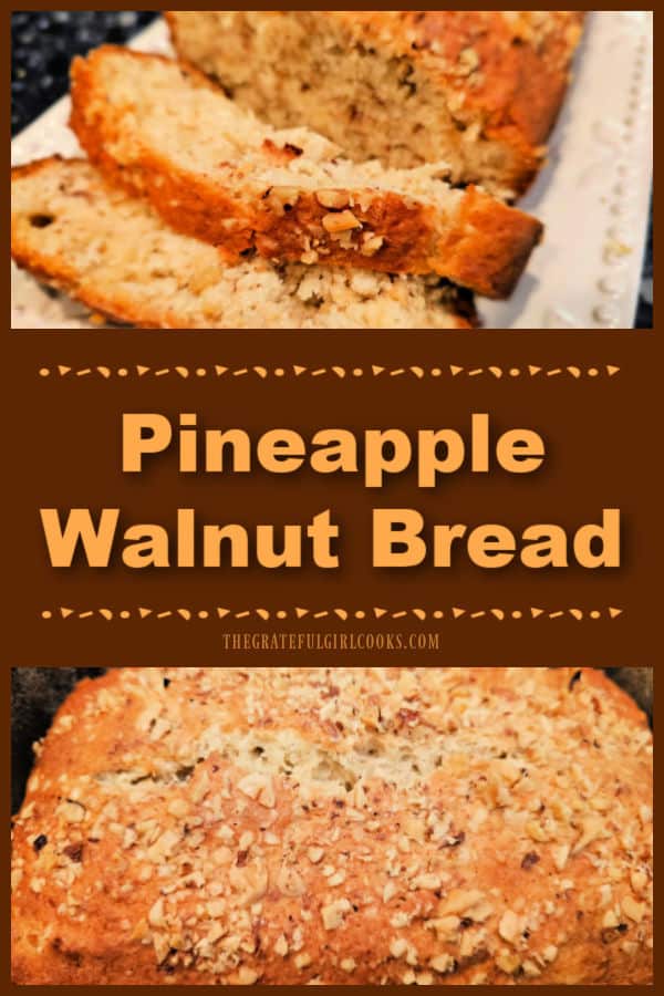 Pineapple Walnut Bread is a delicious quick bread that is easy to make! It's not too sweet, and is perfect to serve with hot tea or coffee! 