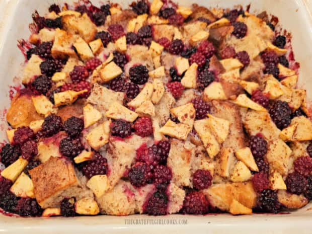 When done cooking, Blackberry Apple French Toast Bake cools slightly.