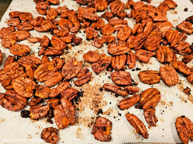 After roasting, the pecan seasoning is baked on the surface of the pecans.