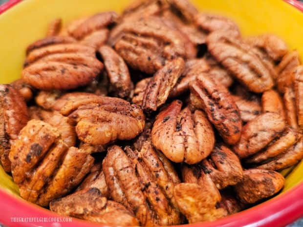 A bowl of chili lime roasted pecans, ready to be enjoyed!