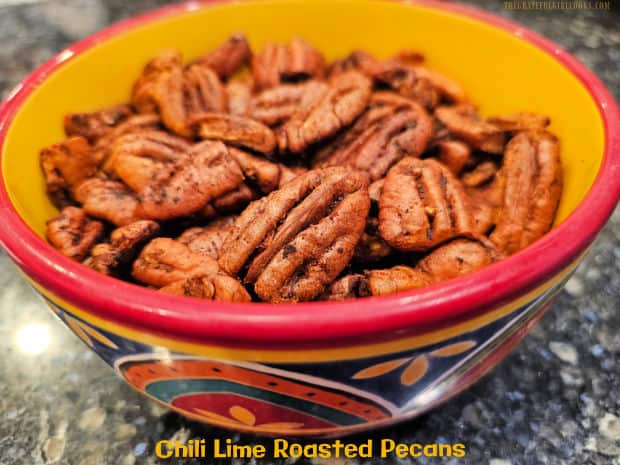 Make 3 cups of Chili Lime Roasted Pecans for snacking, charcuterie boards, OR gift-giving! Nicely seasoned and crunchy, they are delicious!