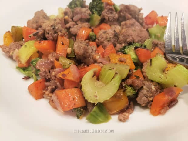 A close up photo of the ground beef veggie skillet, ready to be eaten.