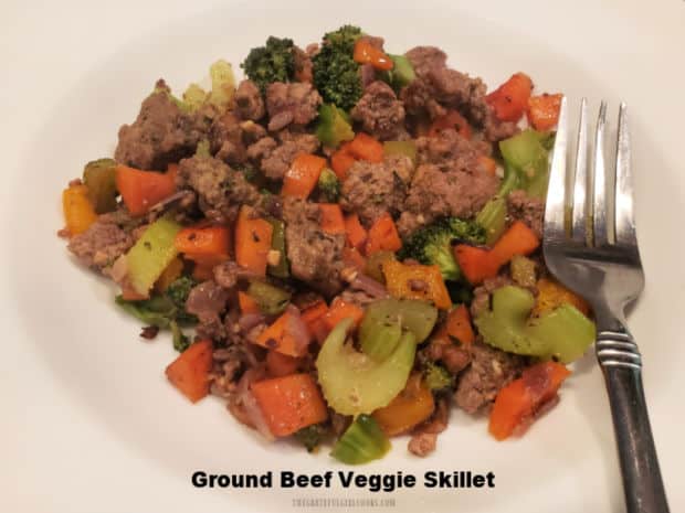 Ground Beef Veggie Skillet is an easy meal, with beef, onion, carrots, broccoli, celery, bell pepper and spices, made in under 30 minutes!