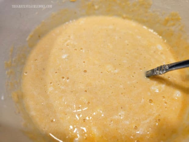 The batter for the cornbread is mixed and ready to go into the pan.