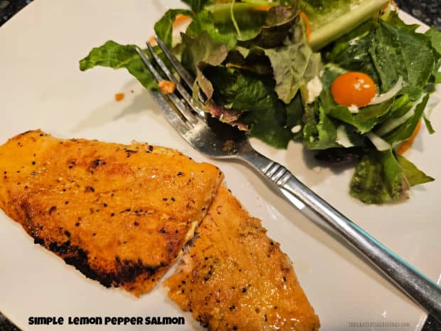 Simple Lemon Pepper Salmon is a tasty seafood dish to make in a flash! Fillets are covered with a lemon/olive oil sauce, then skillet-cooked!