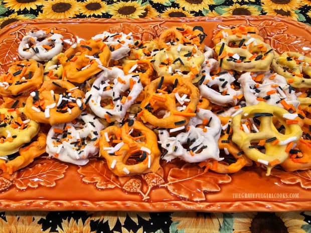 The chocolate dipped Fall pretzels are served on a Fall-inspired platter.