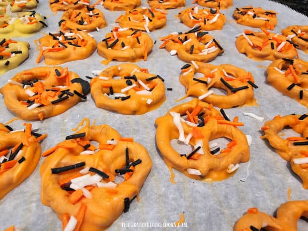 A close up photo of orange colored Fall pretzels.