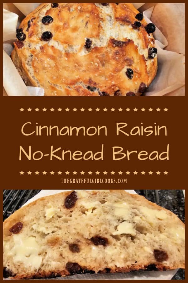 Make a large loaf of Cinnamon Raisin No-Knead Bread from scratch! This delicious bread is crunchy on the outside and soft on the inside- YUM!