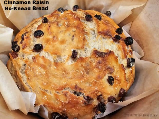 Make a large loaf of Cinnamon Raisin No-Knead Bread from scratch! This delicious bread is crunchy on the outside and soft on the inside- YUM!