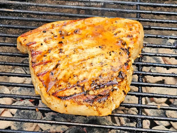 One piece of grilled swordfish cooking over hot coals on a BBQ.