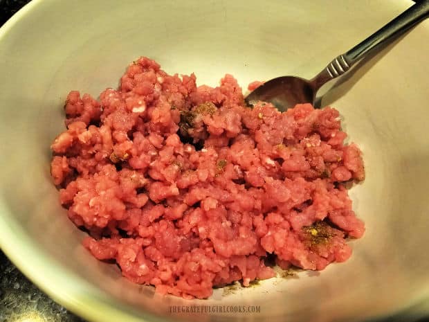 Ground pork, garlic and an egg white are added to the spice mixture in bowl.