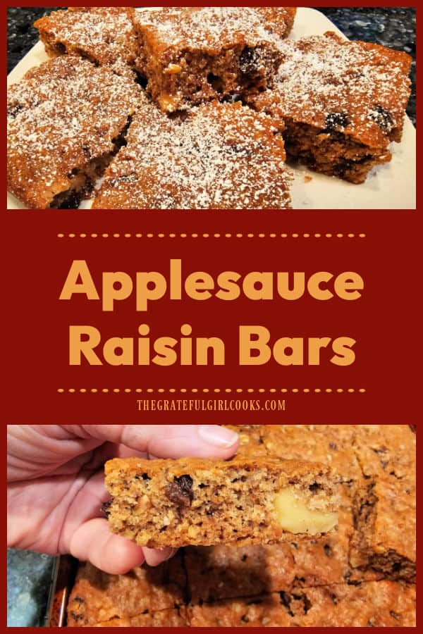 Applesauce Raisin Bars are delicious (and easy to make), with chunky applesauce, raisins, cinnamon, nutmeg, cloves and walnuts (makes 24).