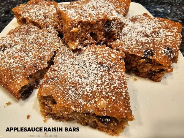 Applesauce Raisin Bars are delicious (and easy to make), with chunky applesauce, raisins, cinnamon, nutmeg, cloves and walnuts (makes 24).