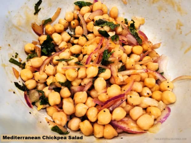 Make a delicious Mediterranean Chickpea Salad in 5 minutes, with garbanzo beans, red onion, fresh mint and a simple homemade salad dressing!