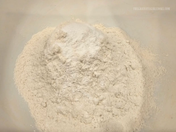 Dry ingredients for the scones are combined in a large mixing bowl.