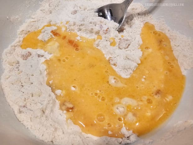 Buttermilk, egg, and apricot jam are combined with the dry ingredients.