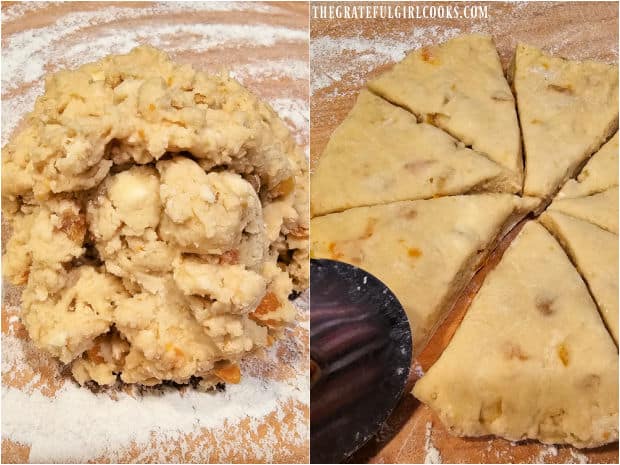 Scone dough is kneaded, then shaped into a 9" circle and sliced into wedges.