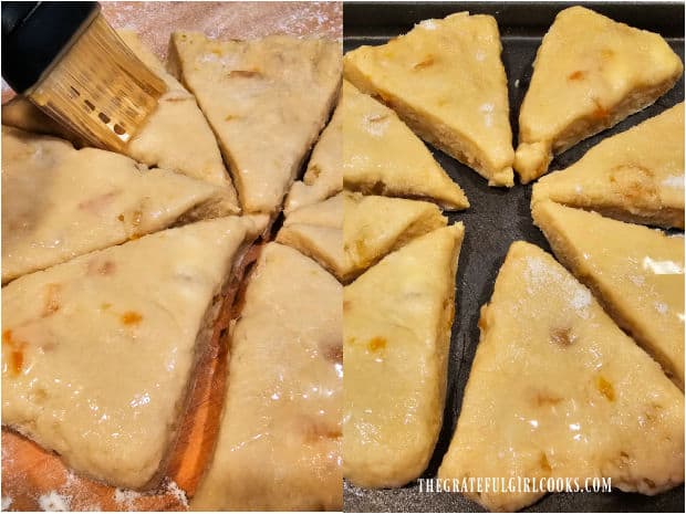 Scones are brushed with egg white, then sprinkled with sugar before baking.