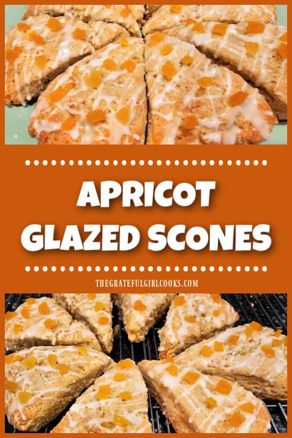 Make 8 tasty Apricot Glazed Scones from scratch, filled with apricot jam and dried apricots, and topped with glaze and more dried apricots!