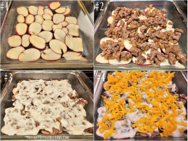 Four layers of ingredients are used in the cheesy beef potato casserole.