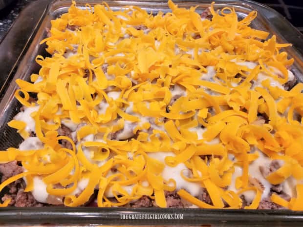 The cheesy beef potato casserole is ready for the oven!