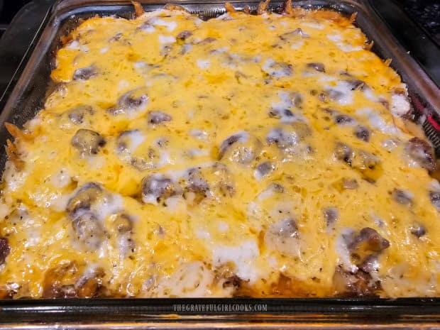 After baking 45 minutes, the casserole is uncovered then baked more.