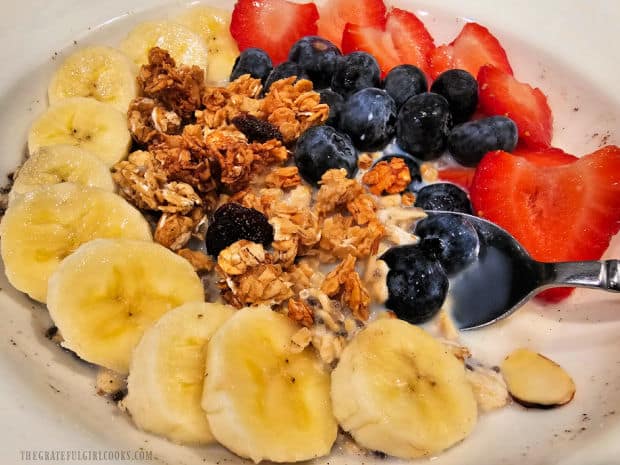 A spoonful of overnight oats and blueberries are a good start to breakfast.