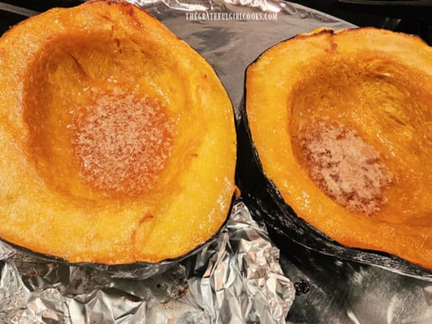 Baked acorn squash (with butter/honey topping) after baking.