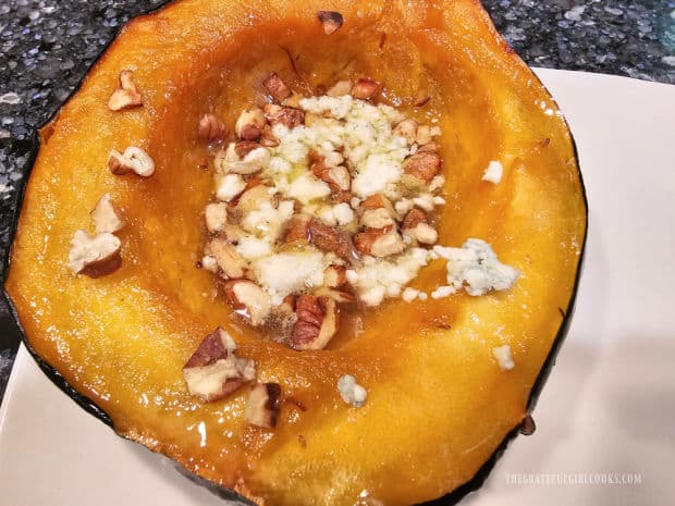 Sweet and savory acorn squash, with toasted pecans and bleu cheese crumbles.