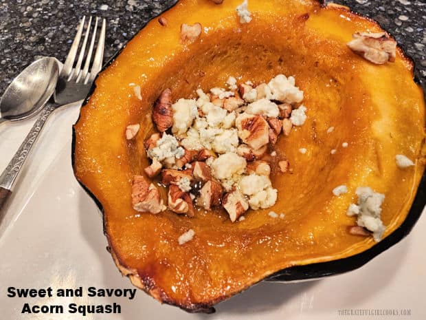 Enjoy roasted Sweet and Savory Acorn Squash, basted in honey and butter, then served topped with toasted pecans and bleu cheese crumbles.