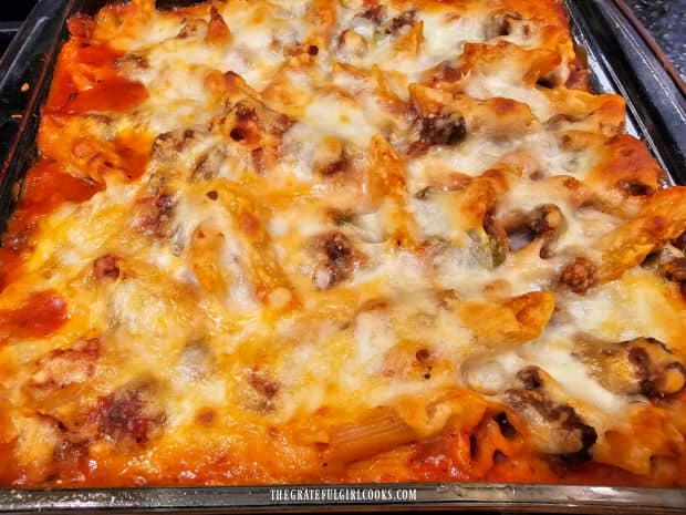 The Italian Penne Pasta Casserole is golden brown and bubbly after baking.