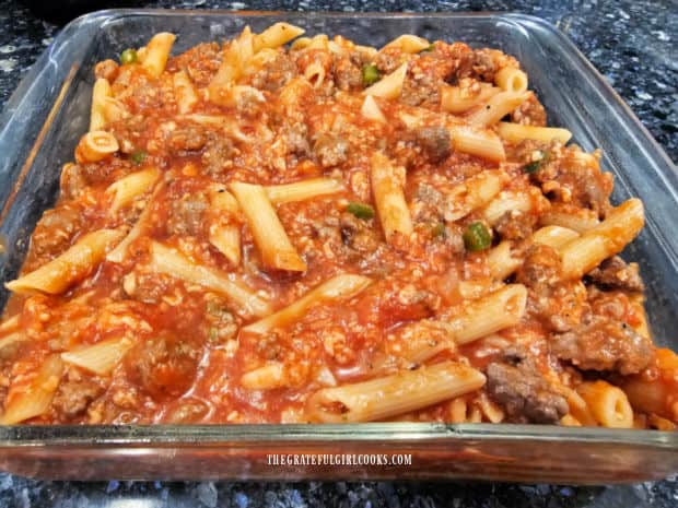 All the casserole filling is placed into a greased 9" x 9" baking dish.