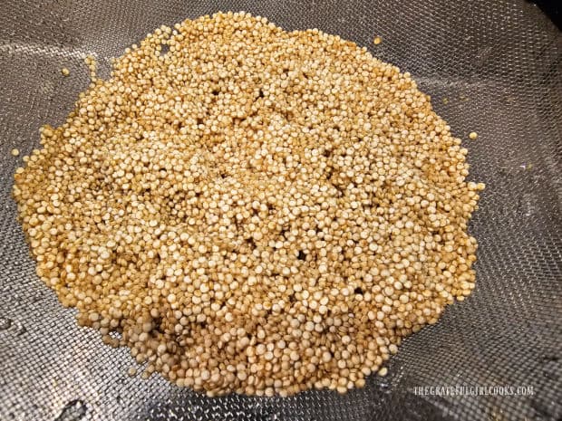 Uncooked quinoa is rinsed and drained using a fine mesh strainer.