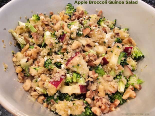 Enjoy delicious, healthy Apple Broccoli Quinoa Salad with broccoli, apple, feta cheese, walnuts and quinoa in a honey Dijon salad dressing!