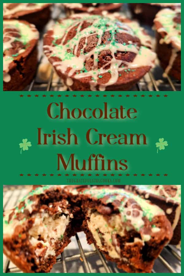 Chocolate Irish Cream Muffins are tasty St. Patrick's Day treats with chocolate chips and cream cheese and topped with Irish cream icing.