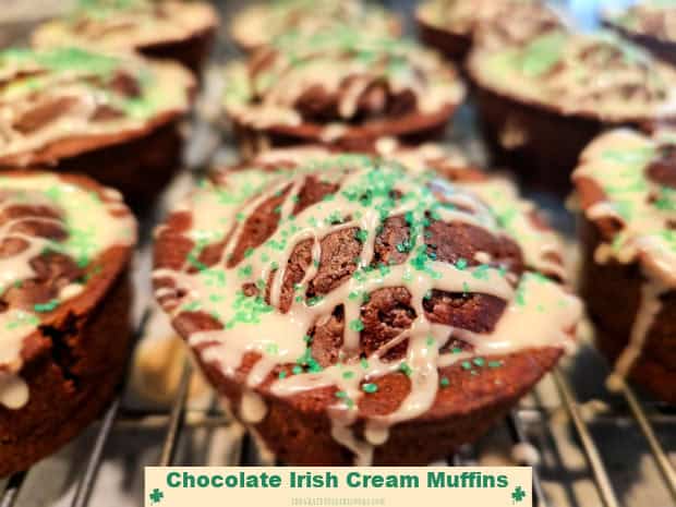 Chocolate Irish Cream Muffins are tasty St. Patrick's Day treats with chocolate chips and cream cheese and topped with Irish cream icing.