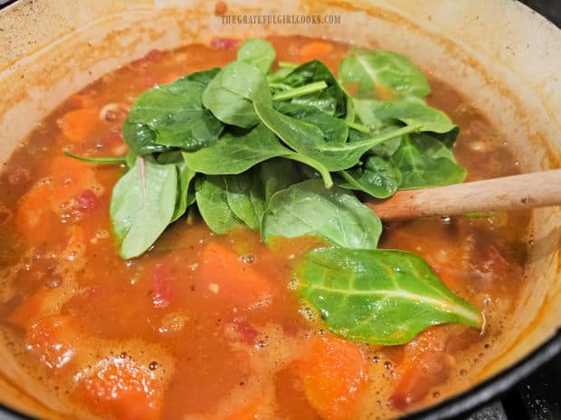 Fresh baby spinach leaves (whole or chopped) are stirred into the hot soup.