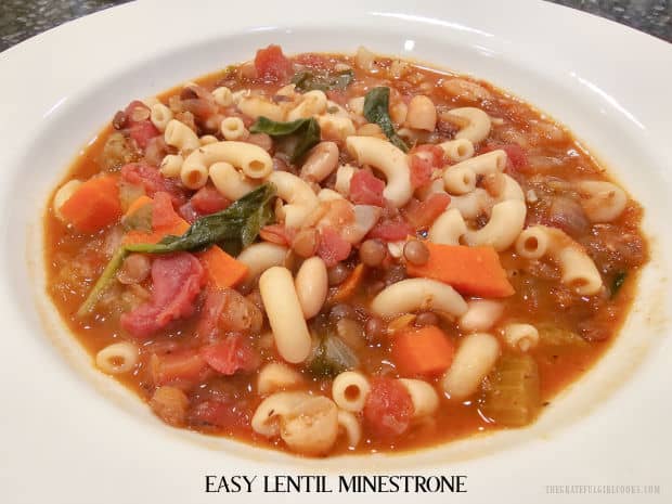 Make a pot of Easy Lentil Minestrone, with veggies, lentils, beans and pasta. This one-pot soup is low-calorie, meatless, tasty and filling!