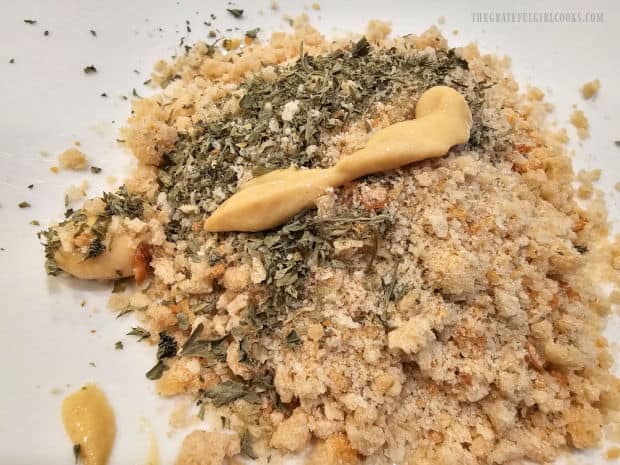 Breadcrumbs are seasoned with Dijon mustard and dried parsley.