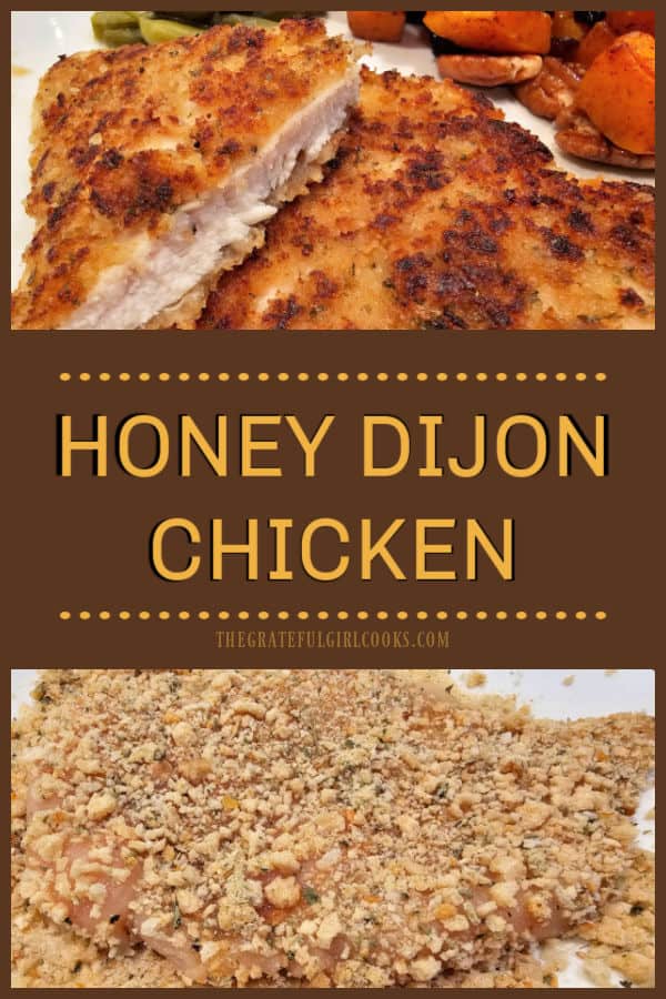 Make easy Honey Dijon Chicken for two, featuring pan-seared chicken breasts, coated in seasoned breadcrumbs and honey mustard sauce.